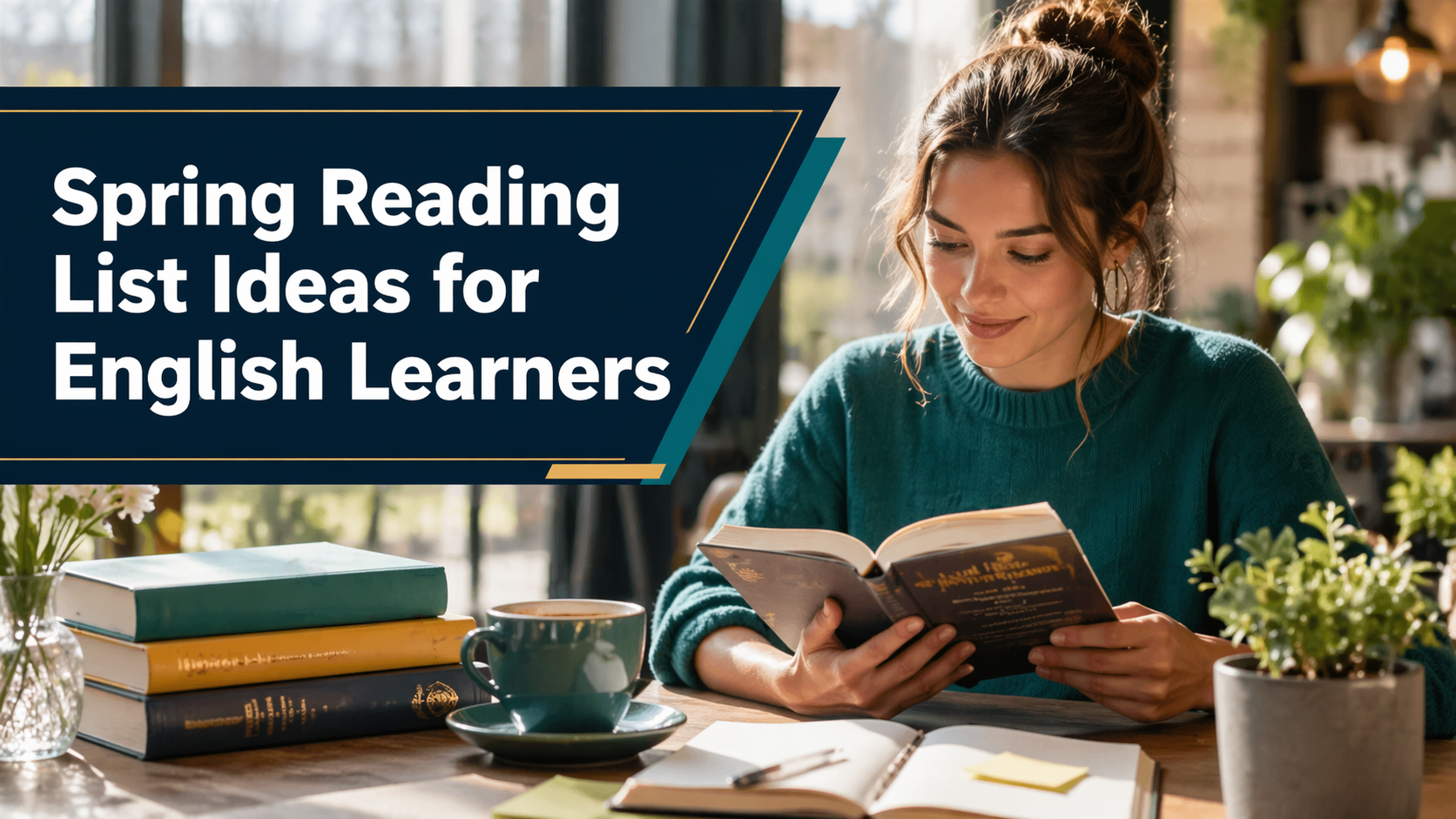 Wide banner for a spring reading list, showing books, a calm reading workspace, and a polished editorial learning scene for English learners.