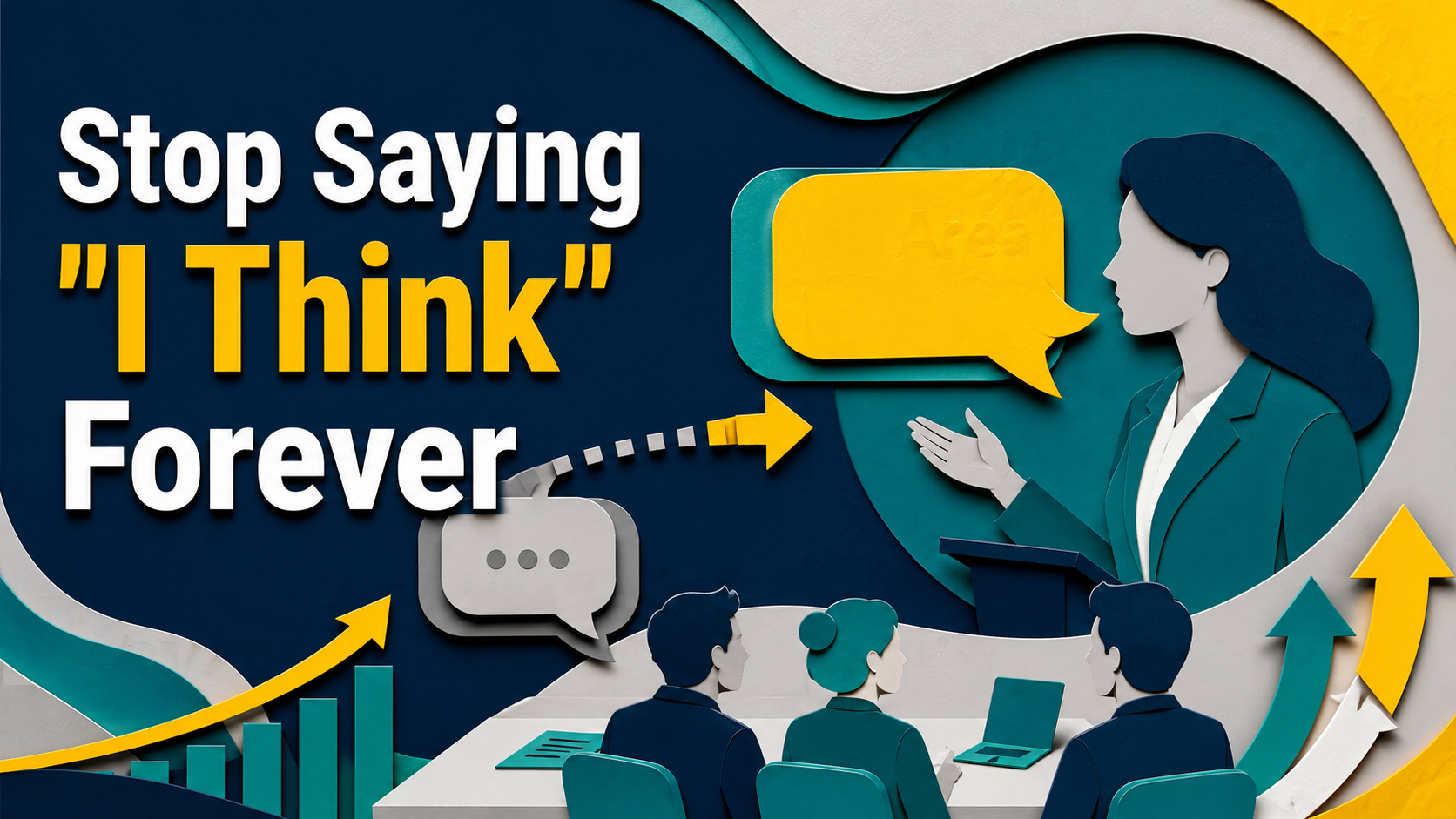 Wide 3D paper cut banner for “Stop Saying I Think Forever,” showing confident workplace communication, speech bubbles, and professional English speaking practice.
