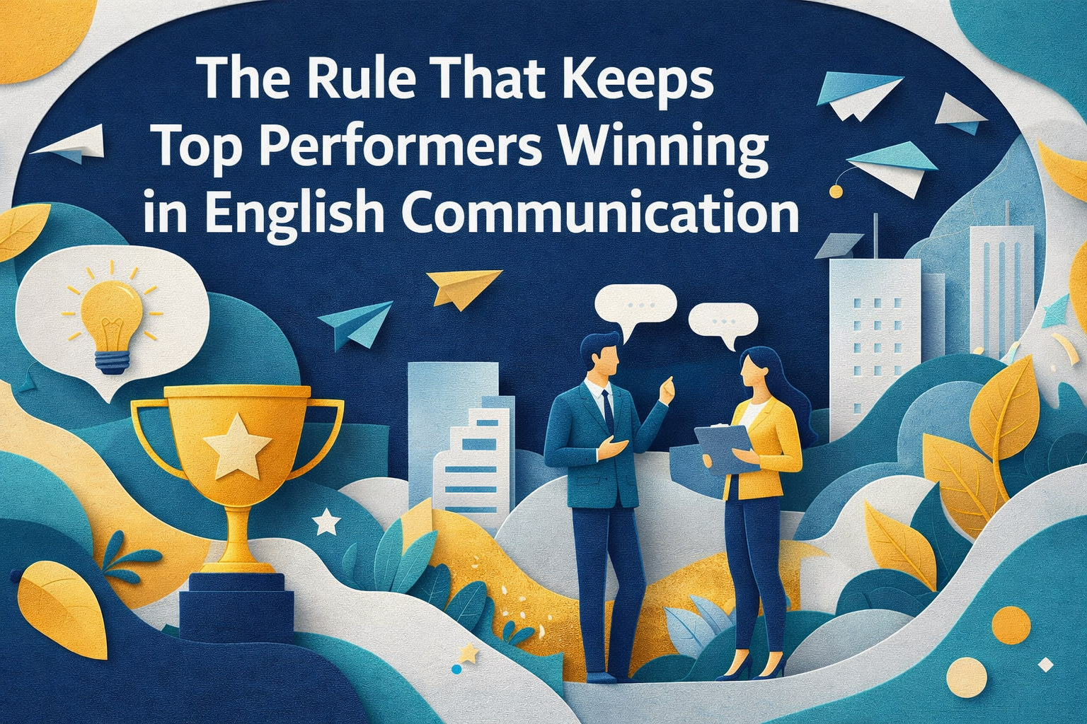 Wide 3D paper cut art banner for top performers in English communication, showing a gold trophy, two professionals talking, speech bubbles, and upward-moving paper planes in navy blue, soft gold, teal, and light gray.