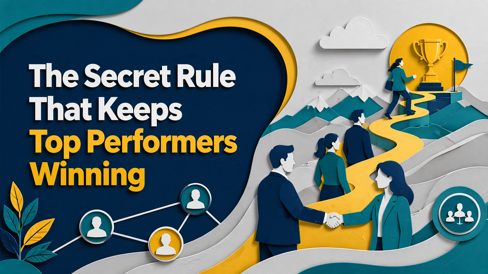 Wide 3D paper cut banner for top performers winning, showing professionals building connection through networking, collaboration, and trust on a rising path toward success.