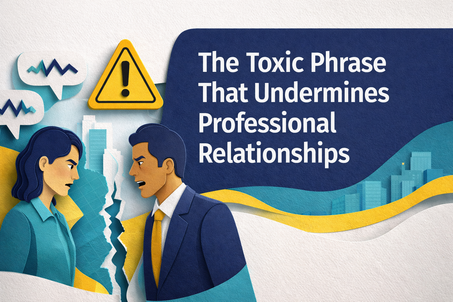 Wide 3D paper cut art banner for toxic phrase at work, showing two business professionals in conflict, separated by a sharp tear, with navy blue, soft gold, teal, and light gray brand colors.