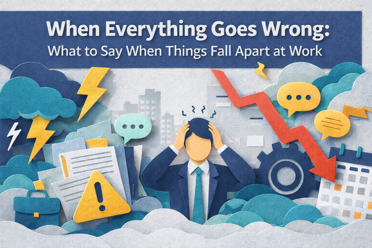 Wide 3D paper cut banner for when everything goes wrong, showing a stressed office worker surrounded by warning signs, falling charts, storm clouds, paperwork, and workplace chaos beneath the title “When Everything Goes Wrong: What to Say When Things Fall Apart at Work.”