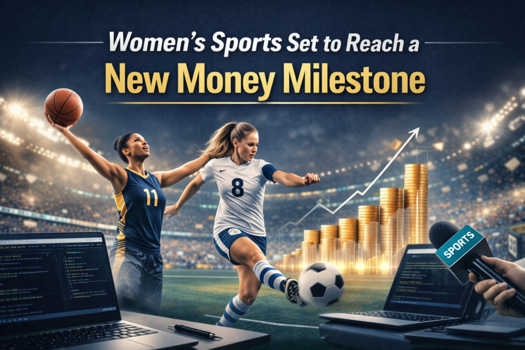 Wide sports business banner for women's sports revenue, featuring elite female athletes and strong commercial growth imagery in a polished editorial style.