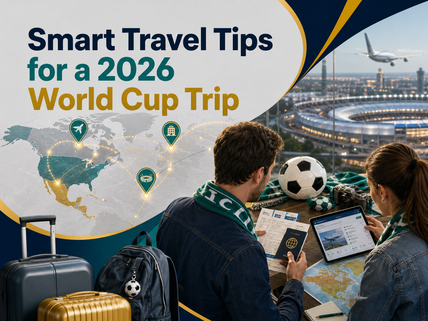 Photographic banner for a 2026 World Cup trip showing tickets, flights, hotels, passports, and soccer travel planning.