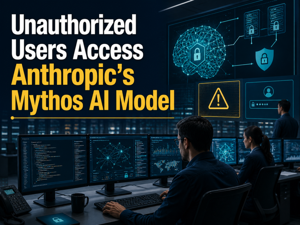 4:3 technology news banner for Anthropic Mythos unauthorized access, showing AI cybersecurity dashboards, restricted model alerts, and analysts.