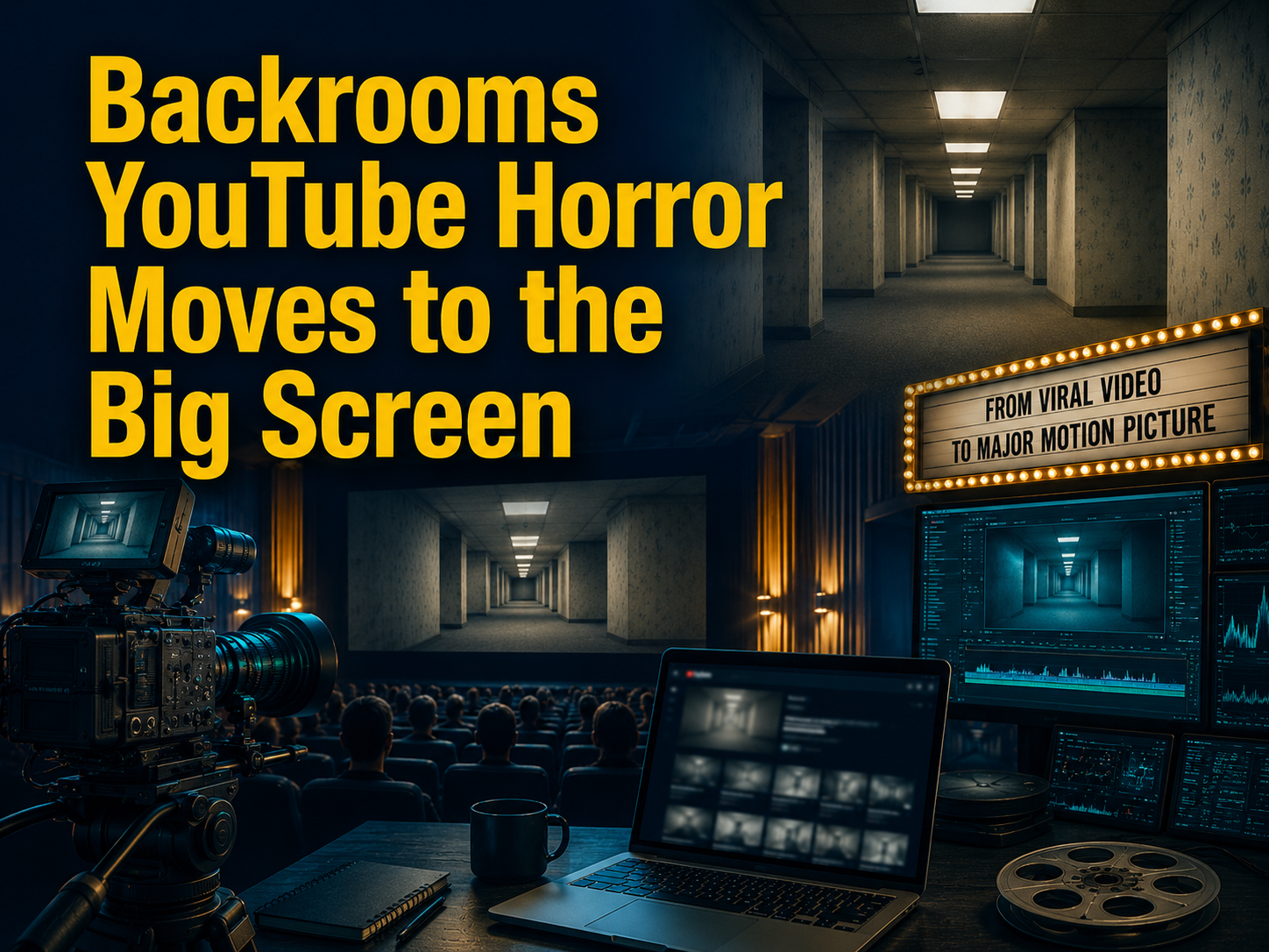 Backrooms YouTube horror banner showing a cinematic liminal hallway, film camera, editing screens, and internet horror moving to theaters.