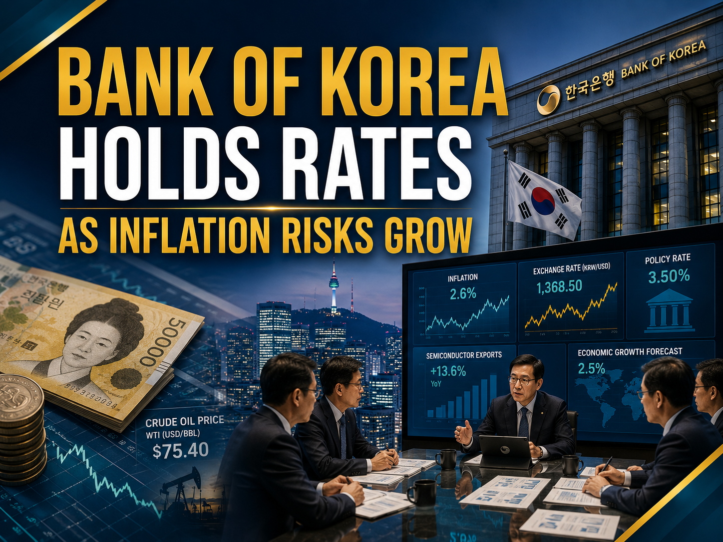 Bank of Korea holds rates banner showing central bank policy, inflation risks, Korean won currency, and South Korean economic data.