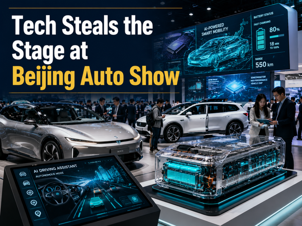 Photographic banner for Beijing Auto Show tech showing electric vehicles, AI dashboards, battery displays, and smart-car technology.