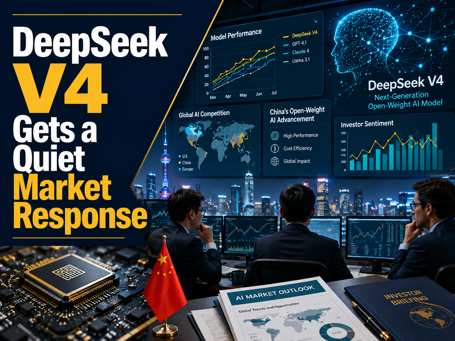 Photographic business-technology banner showing the DeepSeek V4 market reaction with AI dashboards, chip visuals, and investors reviewing market data.