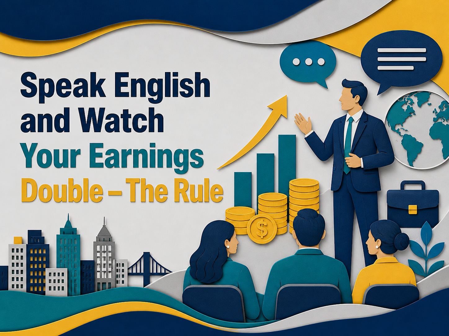 3D paper cut banner showing English speaking skills helping professionals grow their careers, with speech bubbles, business charts, coins, and global communication symbols.