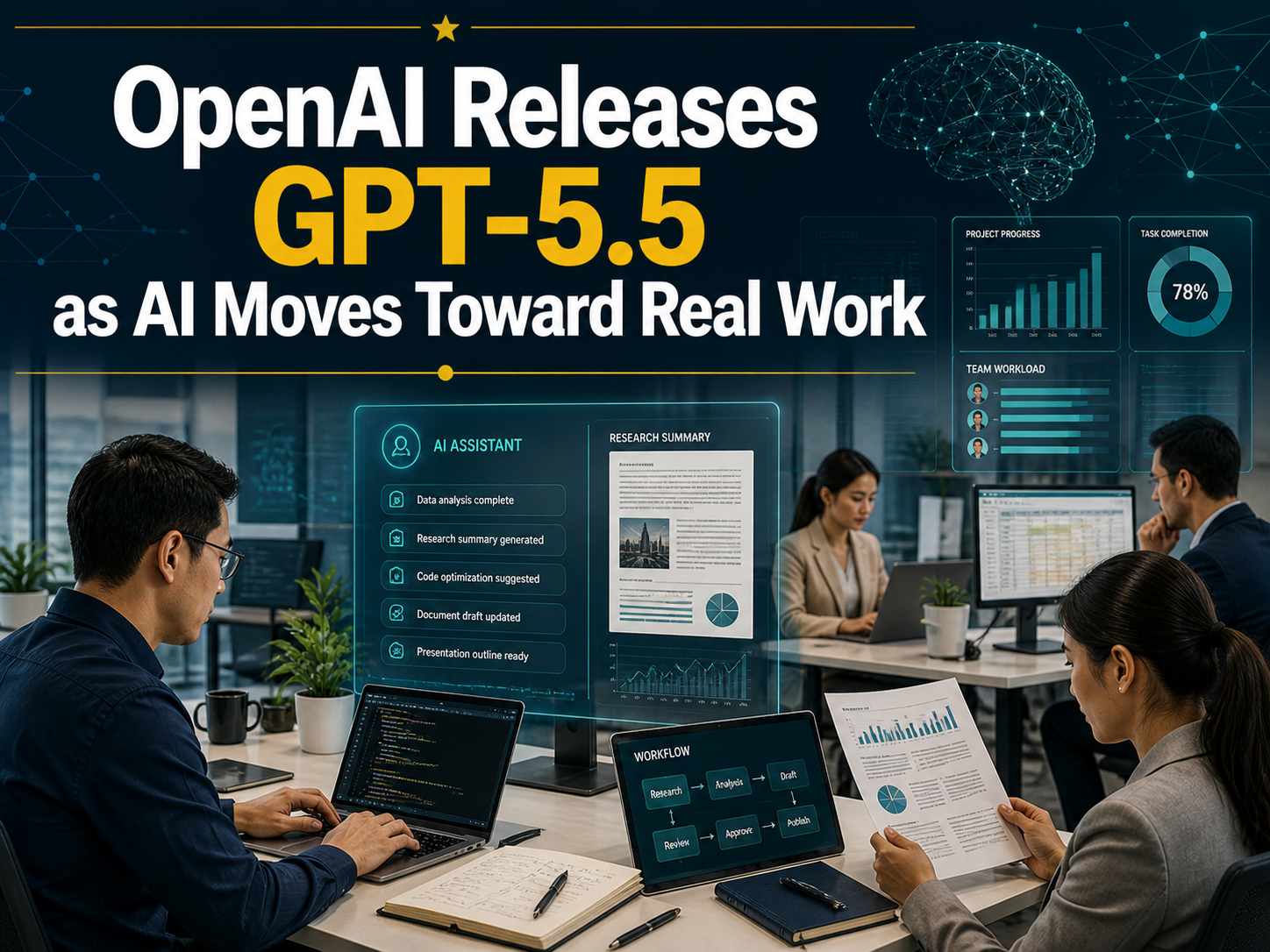 Photographic business-technology banner for GPT-5.5 release showing AI tools, coding, research dashboards, and professional workflows.