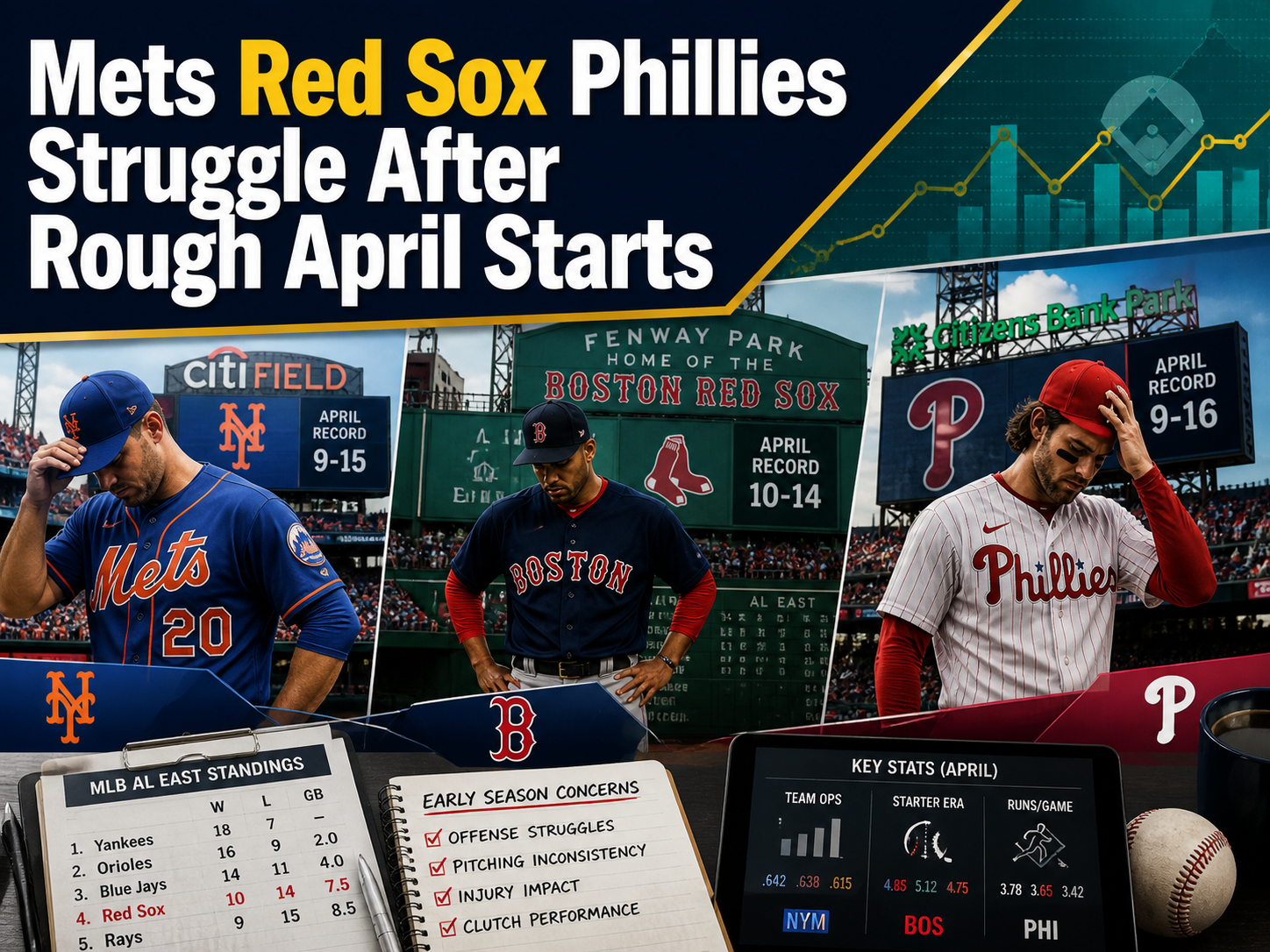 4:3 sports news banner showing a baseball editorial scene where Mets Red Sox Phillies struggle after rough April starts.