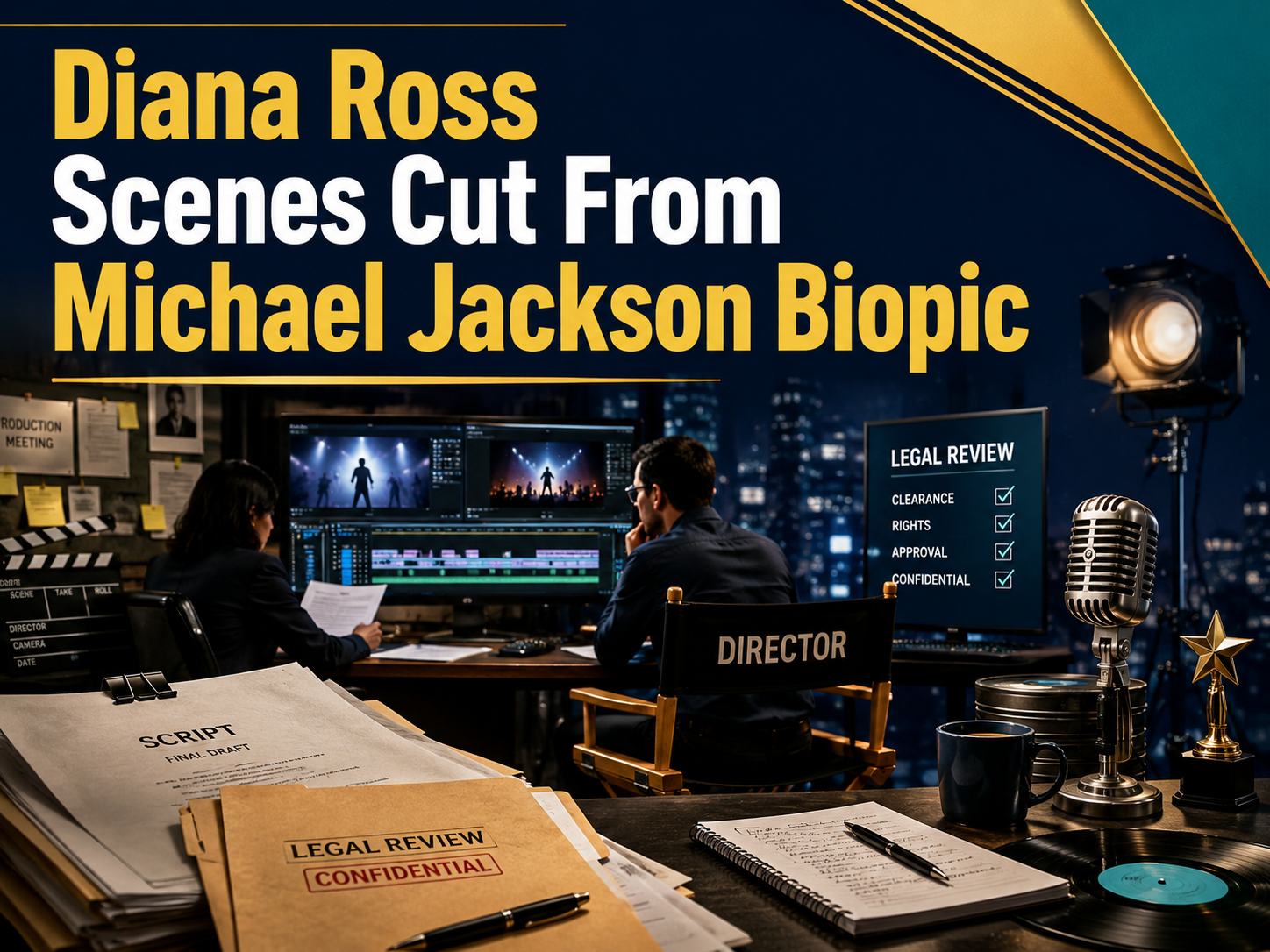 Photographic banner for Michael Jackson biopic news showing a film editing room, legal documents, and entertainment industry visuals.