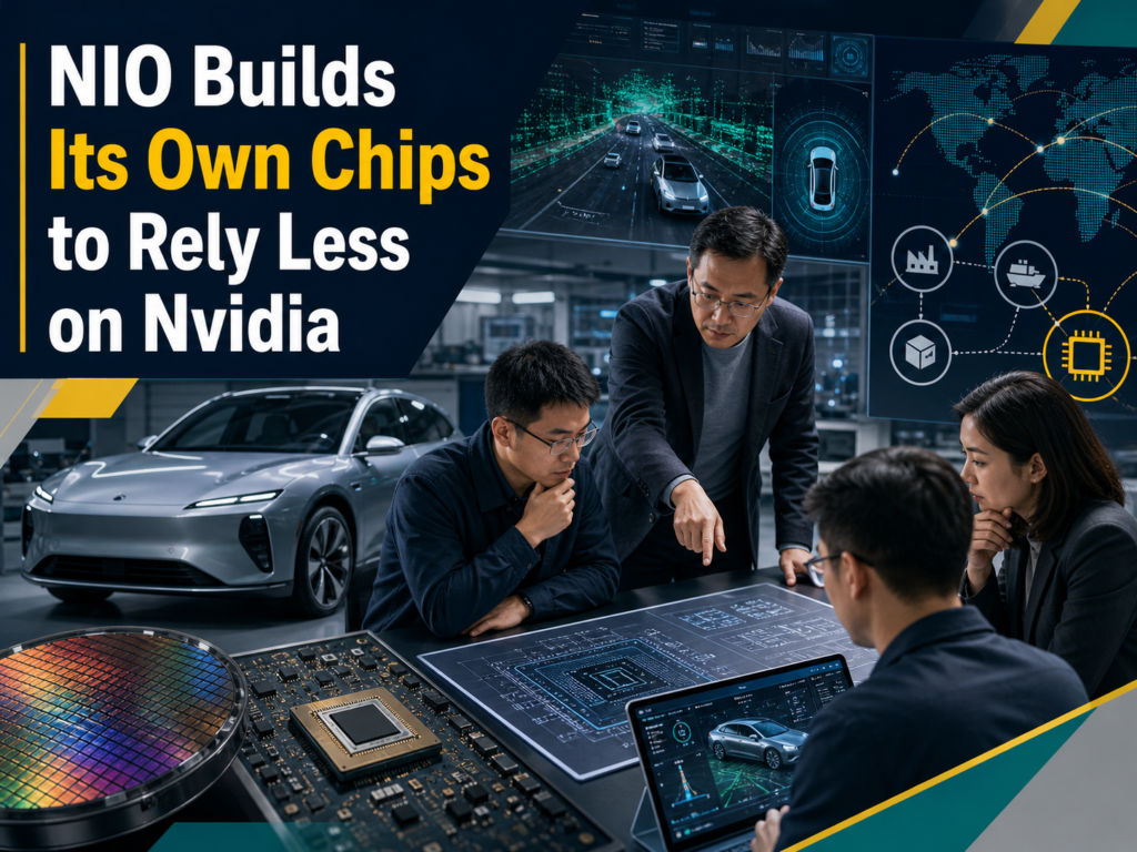 4:3 business technology banner for the NIO in-house chips strategy, showing EV engineers, smart-driving chips, AI car systems, and semiconductor development.