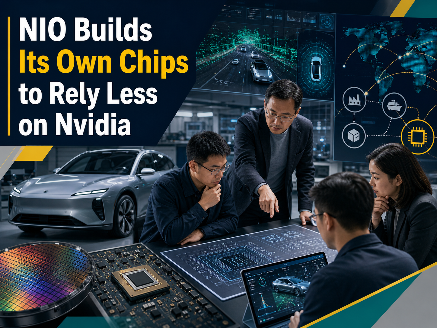 4:3 business technology banner for the NIO in-house chips strategy, showing EV engineers, smart-driving chips, AI car systems, and semiconductor development.