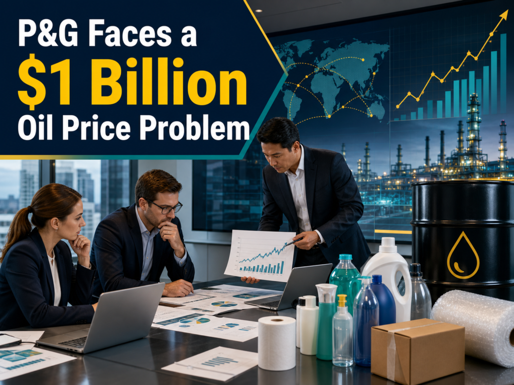 4:3 business news banner showing the P&G oil price profit hit, with oil price charts, consumer goods packaging, and supply-chain cost visuals.