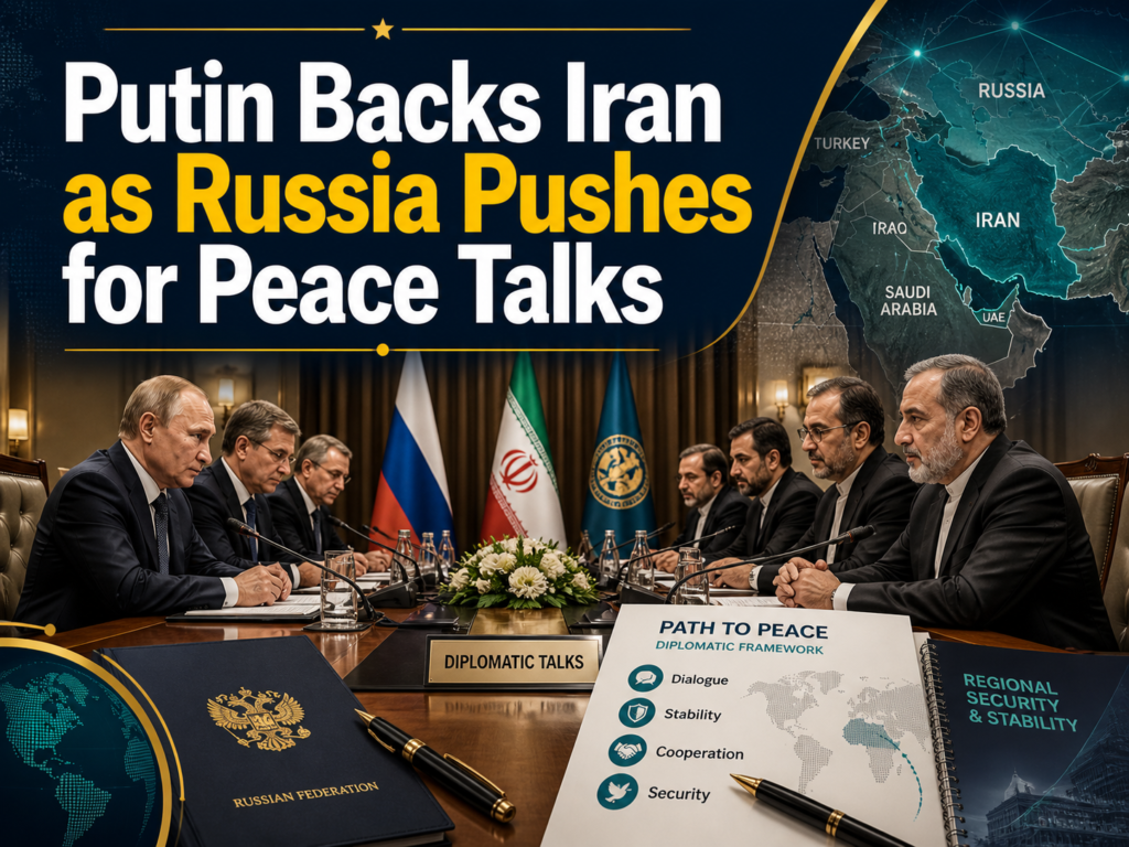 Photographic business-news banner for Russia Iran support showing diplomatic peace talks, officials, maps, and strategic negotiations.