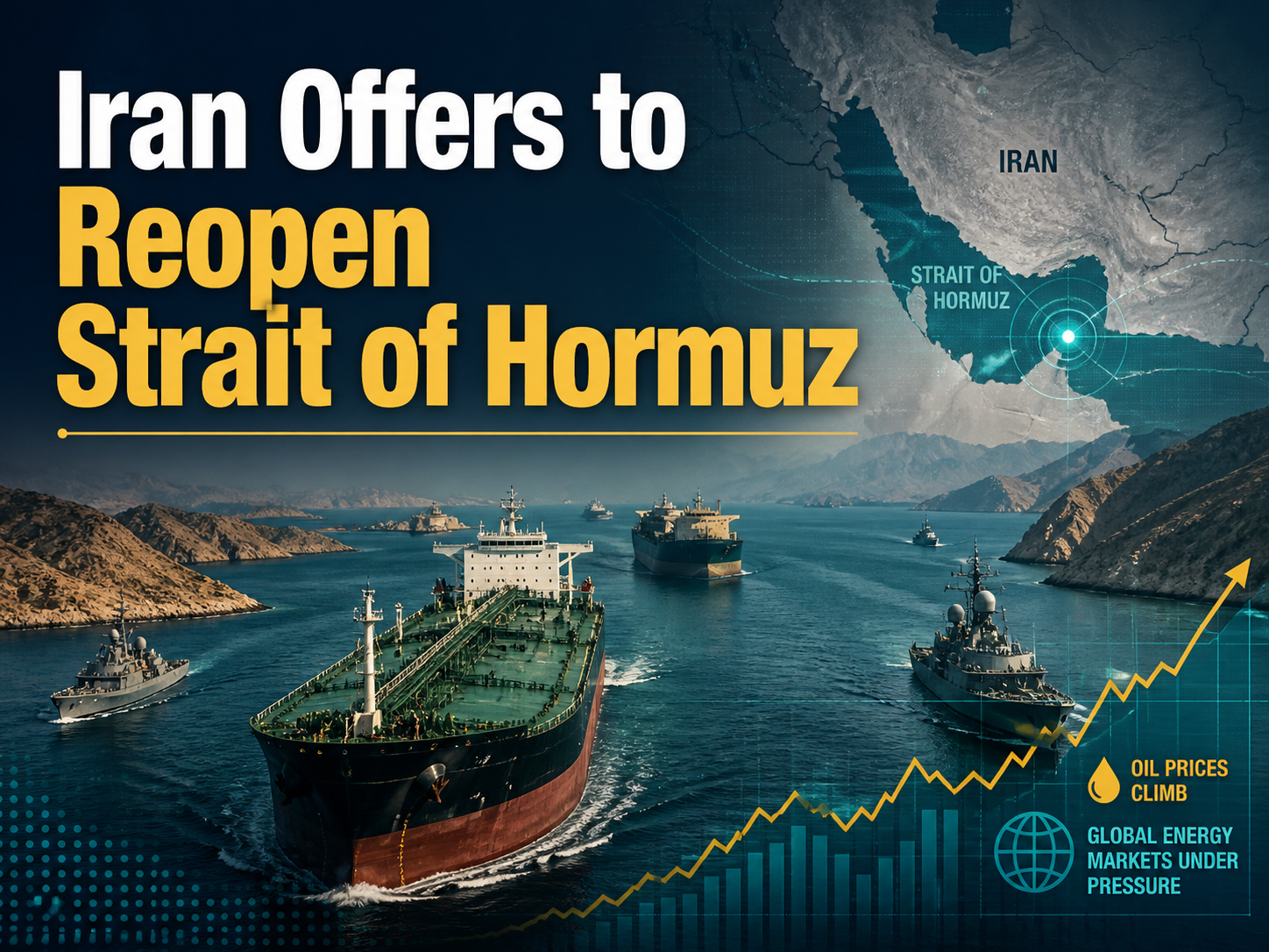 4:3 business news banner for Strait of Hormuz offer, showing oil tankers, naval vessels, energy-market graphics, and Middle East trade routes.