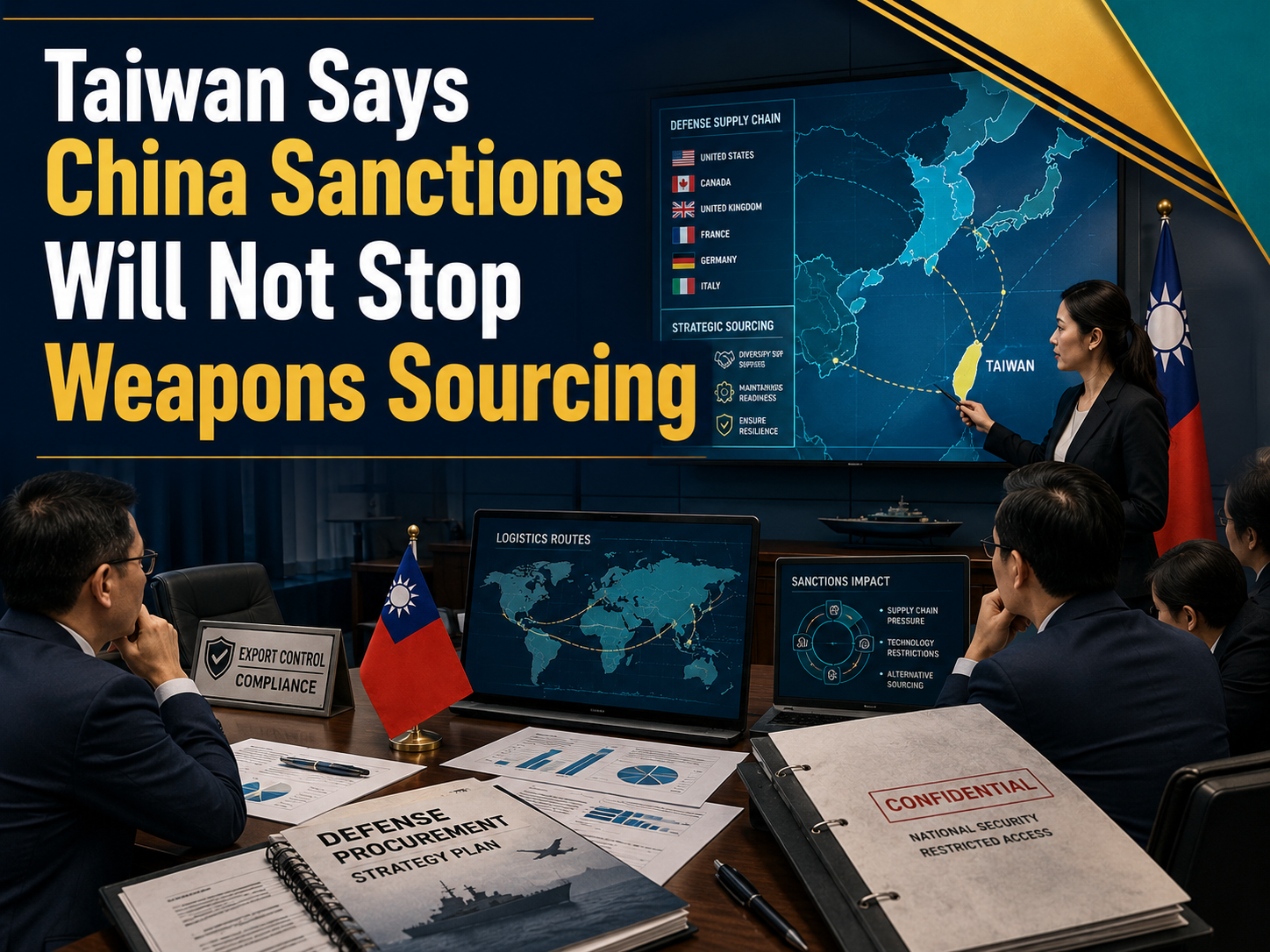 Photographic banner for Taiwan China sanctions showing a defense procurement briefing room, supply-chain maps, and Taiwan sourcing strategy.