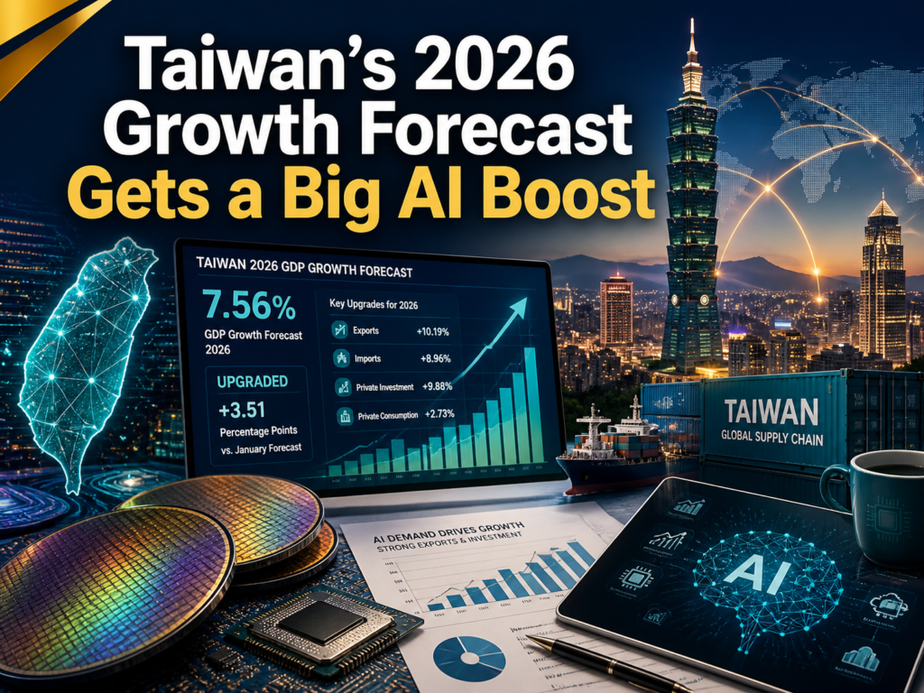 4:3 business technology banner for the Taiwan GDP growth forecast, showing AI demand, semiconductor wafers, export charts, and Taiwan economic growth.