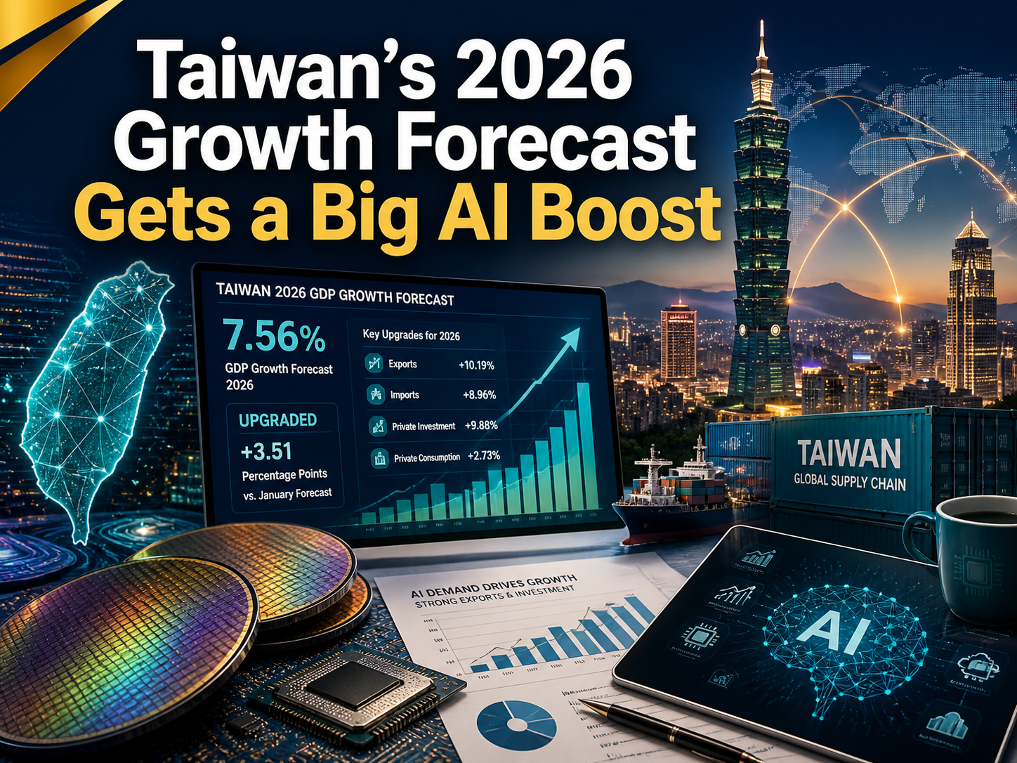 4:3 business technology banner for the Taiwan GDP growth forecast, showing AI demand, semiconductor wafers, export charts, and Taiwan economic growth.