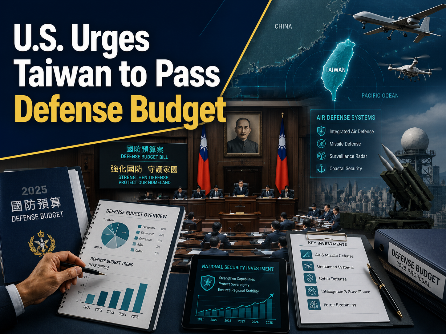 4:3 business news banner for Taiwan defense budget, showing officials reviewing defense spending, drones, air defense, and Taiwan security visuals.