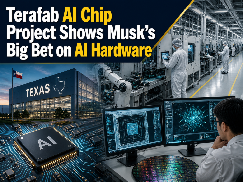4:3 technology news banner showing the Terafab AI chip project with AI chips, semiconductor manufacturing, and advanced computing visuals.