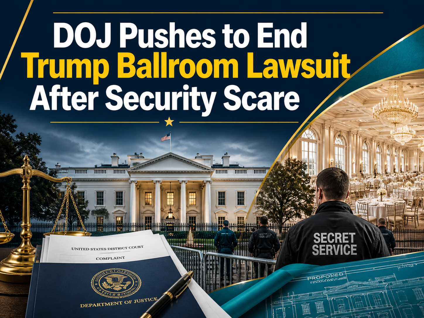 Photographic business-news banner for Trump ballroom lawsuit showing White House security, legal documents, and historic preservation debate.