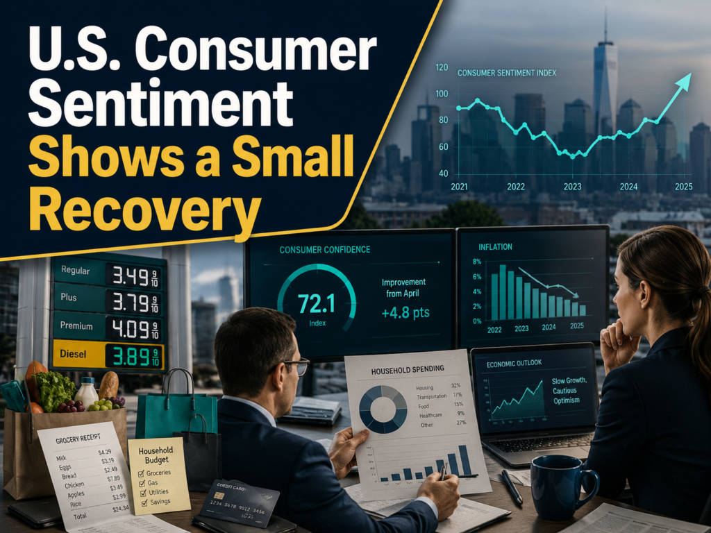 4:3 business news banner for U.S. consumer sentiment, showing cautious economic recovery with charts, fuel prices, and household spending visuals.