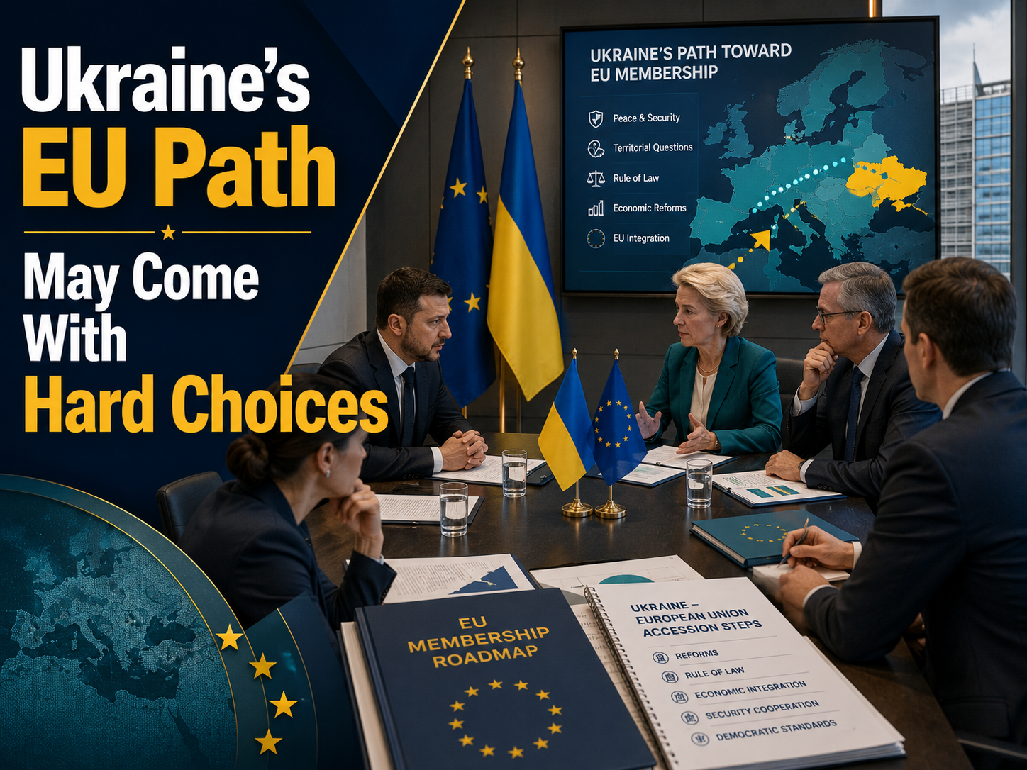 Photographic diplomatic news banner showing Ukraine’s EU path with European maps, negotiation documents, and officials discussing hard choices.