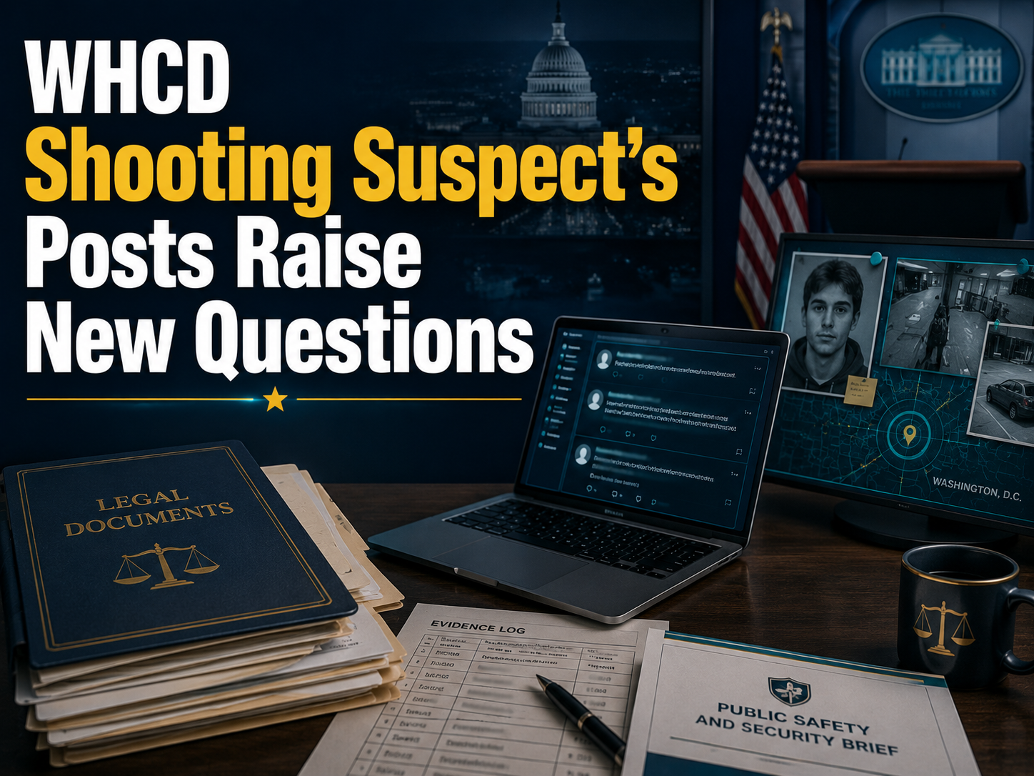 Photographic legal-news banner showing the WHCD shooting suspect story with social media posts, legal documents, and public safety investigation visuals.