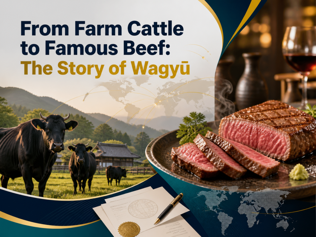 Photographic banner for Wagyu beef history showing Japanese cattle, premium wagyu beef, and global food branding.