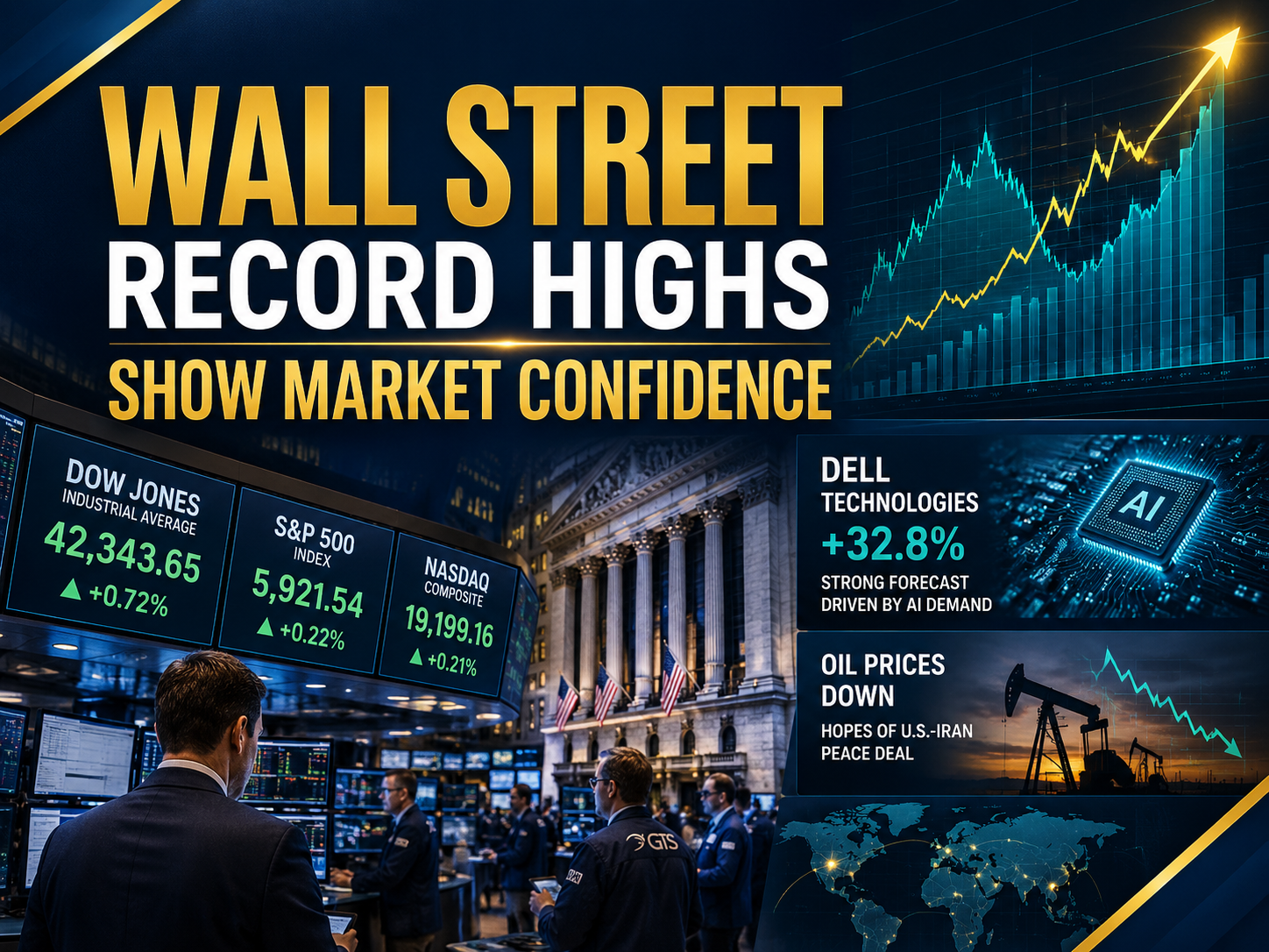 Wall Street record highs banner showing a professional trading floor with rising market charts, business confidence, and financial news visuals.