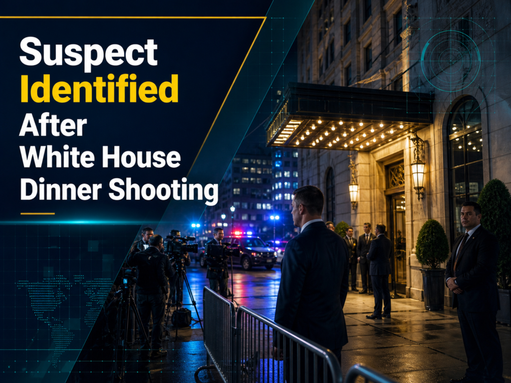 4:3 business news banner for White House dinner shooting, showing a serious Washington security scene outside a formal event venue.