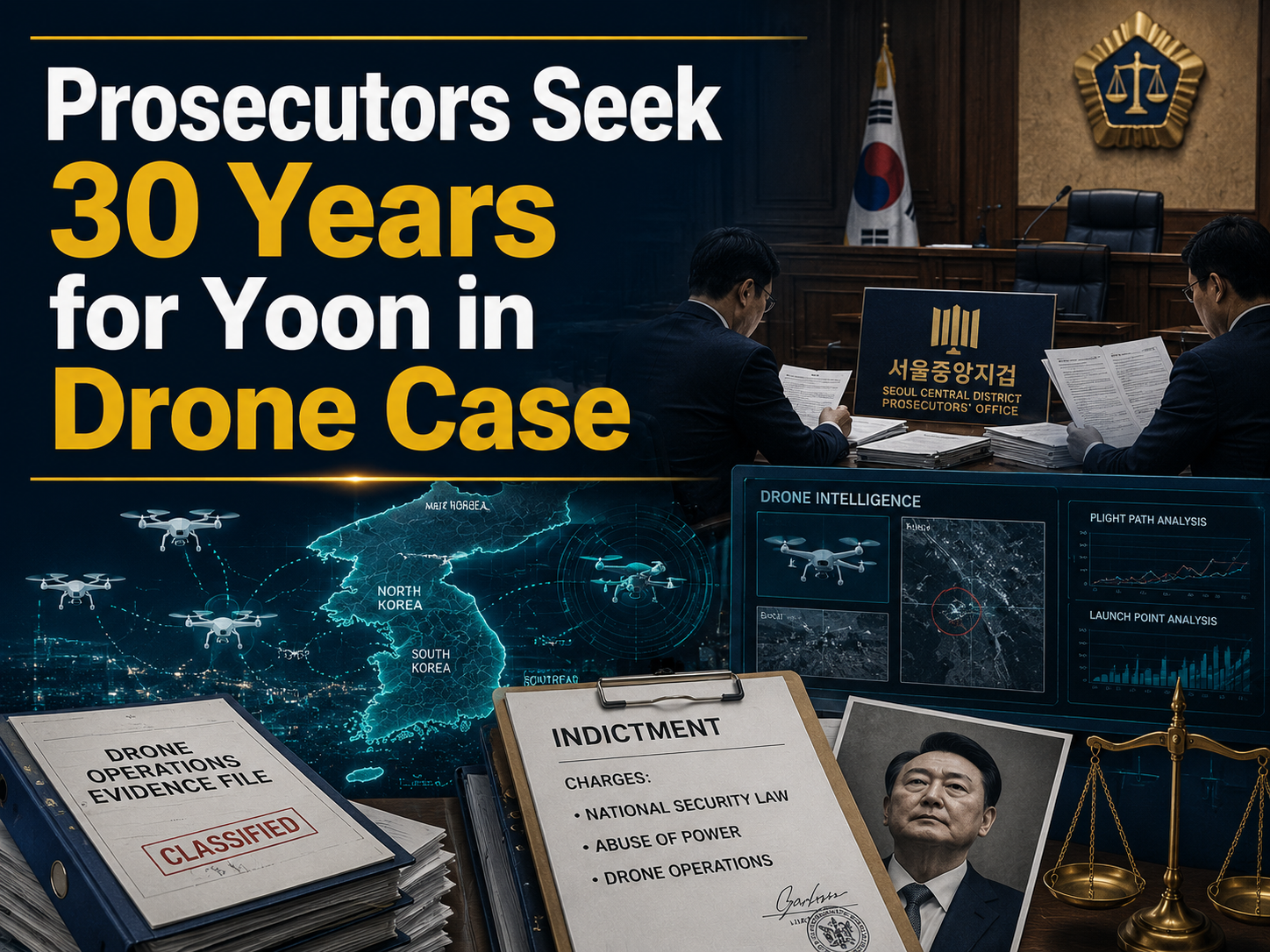 4:3 business news banner for Yoon drone case, showing courtroom documents, prosecutors, drone visuals, and Korean Peninsula security graphics.