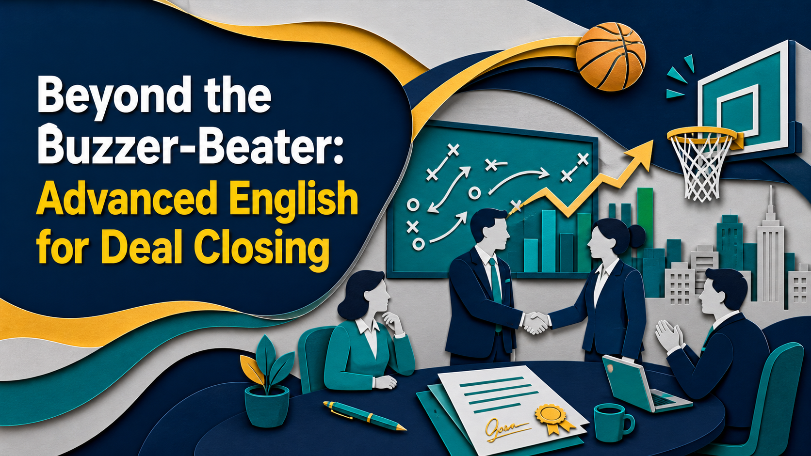 Wide 3D paper cut banner for advanced English for deal closing, showing a basketball buzzer-beater, business handshake, strategy board, contract, and rising growth chart.