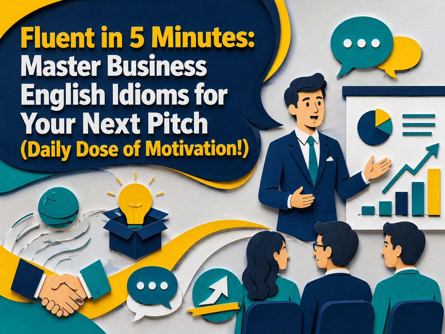 3D paper cut banner showing business English idioms for a professional pitch, with a presenter, speech bubbles, charts, a handshake, and business communication icons.