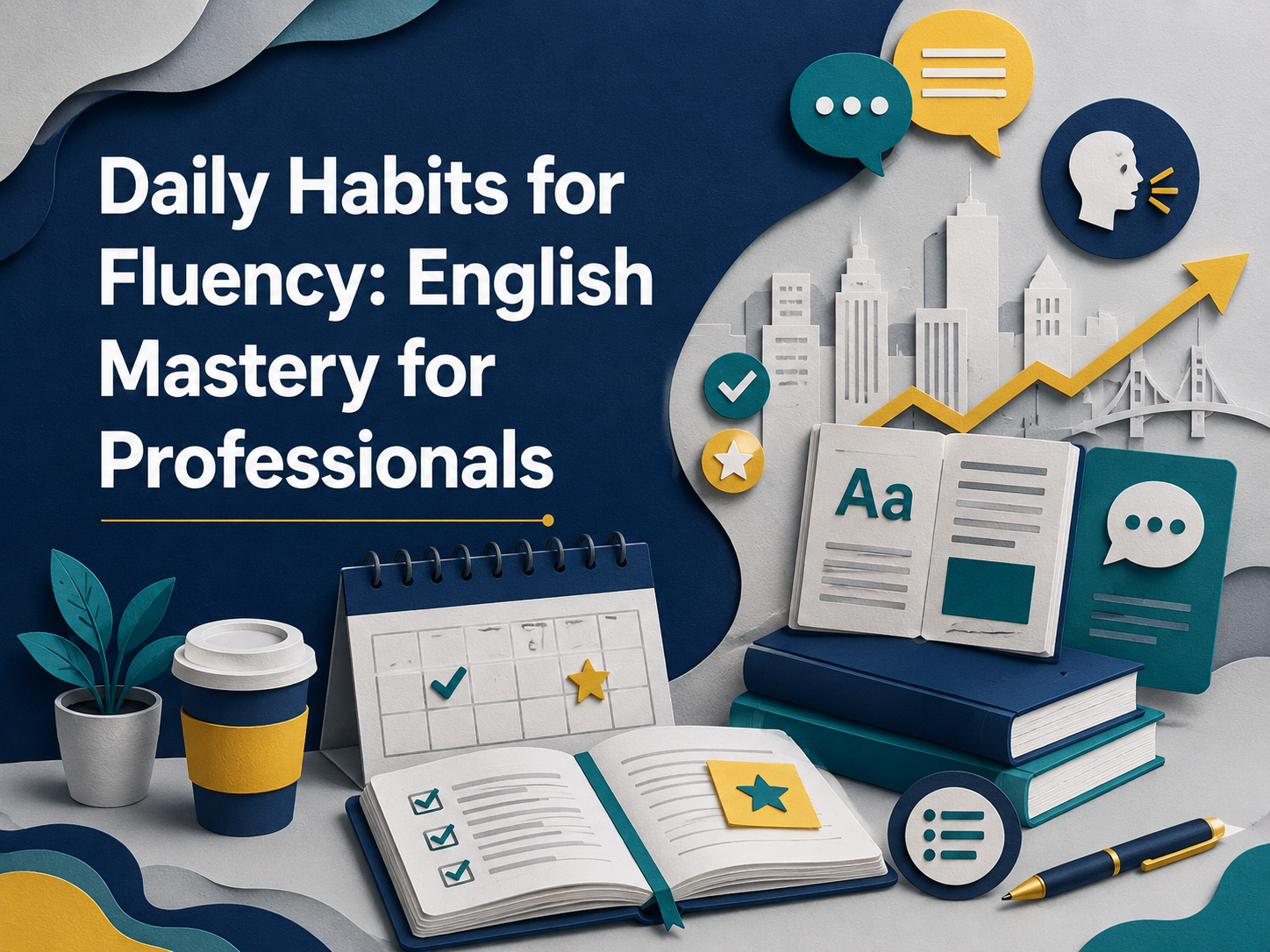 3D paper cut banner showing daily habits for fluency with a professional desk, planner, books, speech bubbles, and progress arrow for English mastery.
