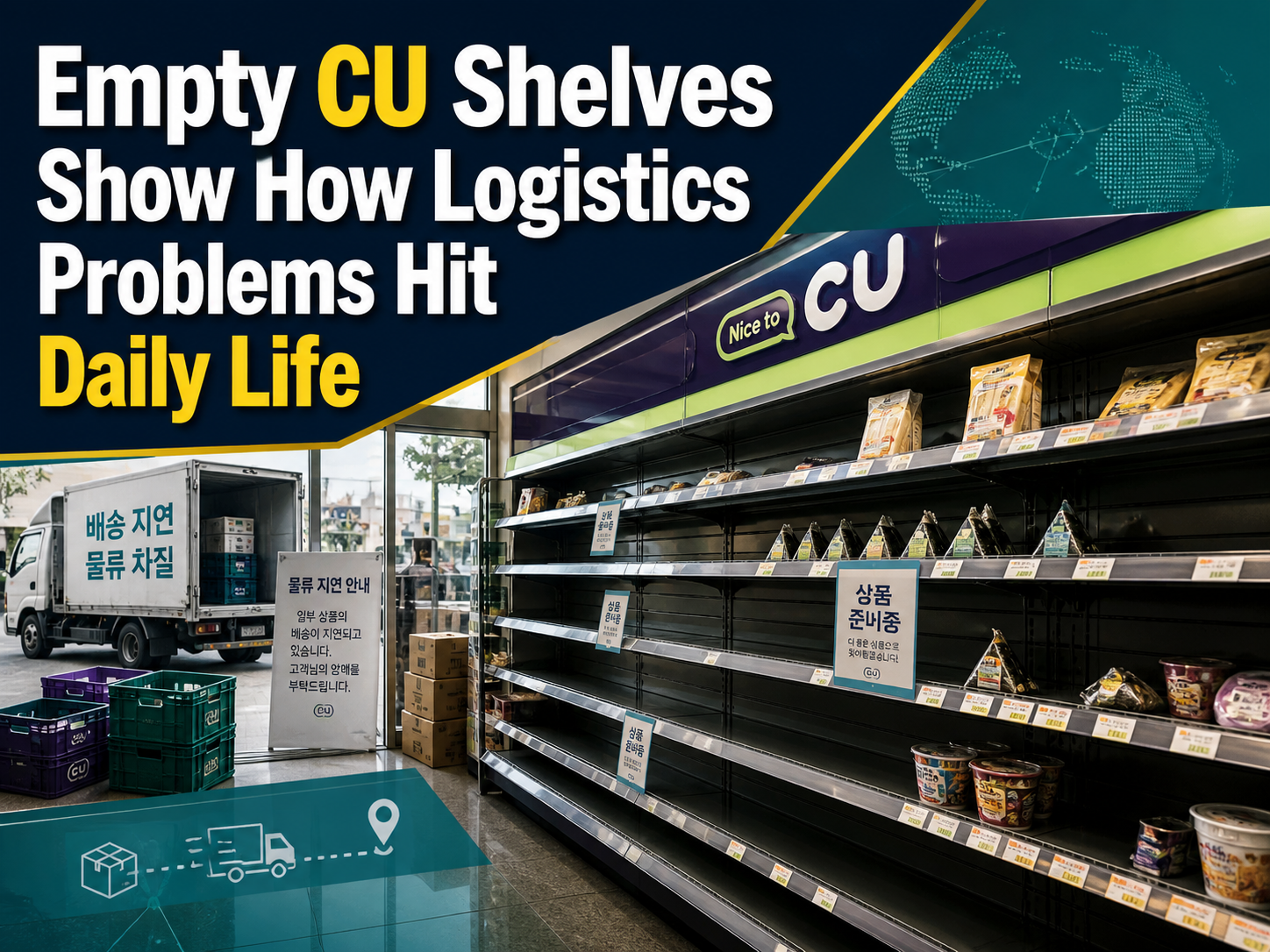 4:3 business news banner showing empty CU shelves in a Korean convenience store with supply chain and logistics disruption visuals.