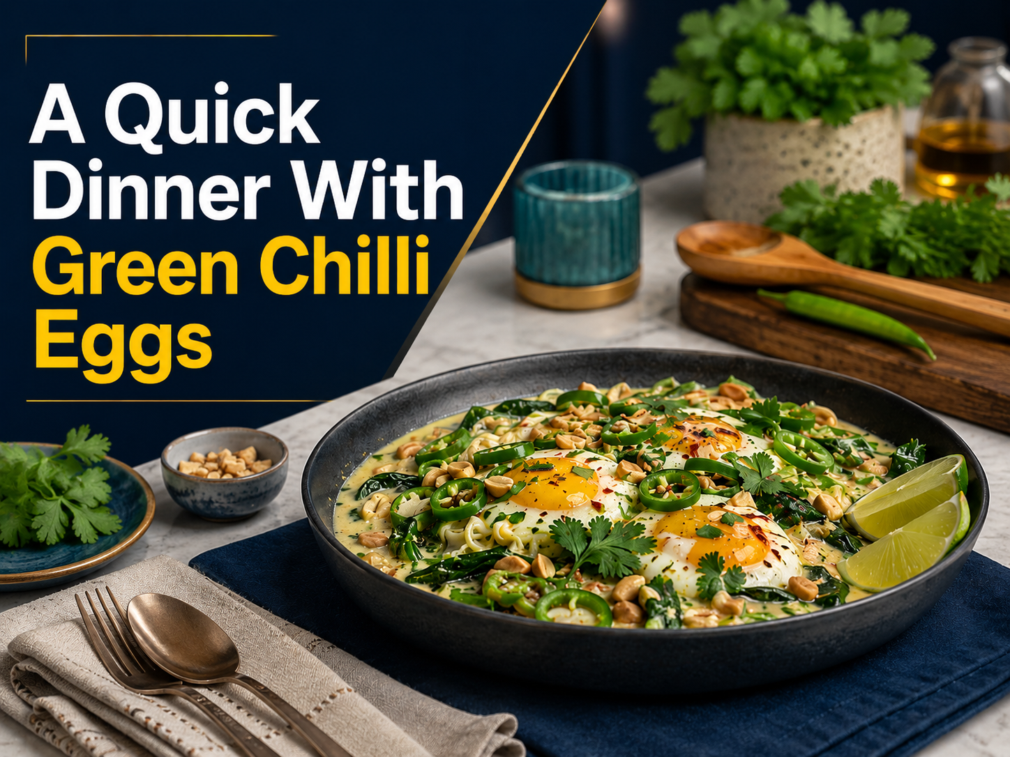 Photographic banner for green chilli eggs showing a quick dinner with coconut milk, noodles, coriander, and chilli for beginner English food practice.