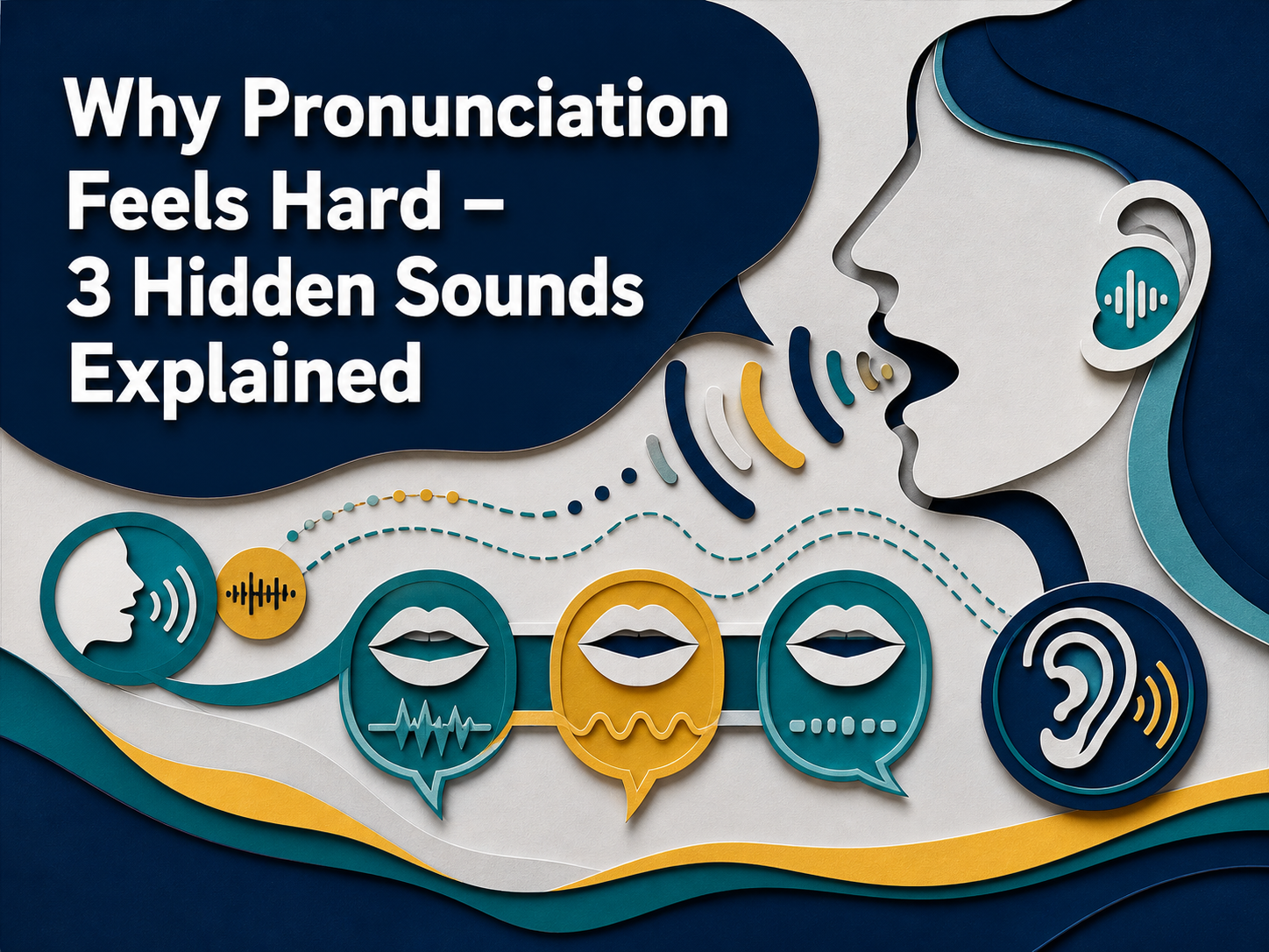 3D paper cut banner for hidden sounds in English, showing a speaking profile, sound waves, mouth icons, and listening symbols for pronunciation practice.