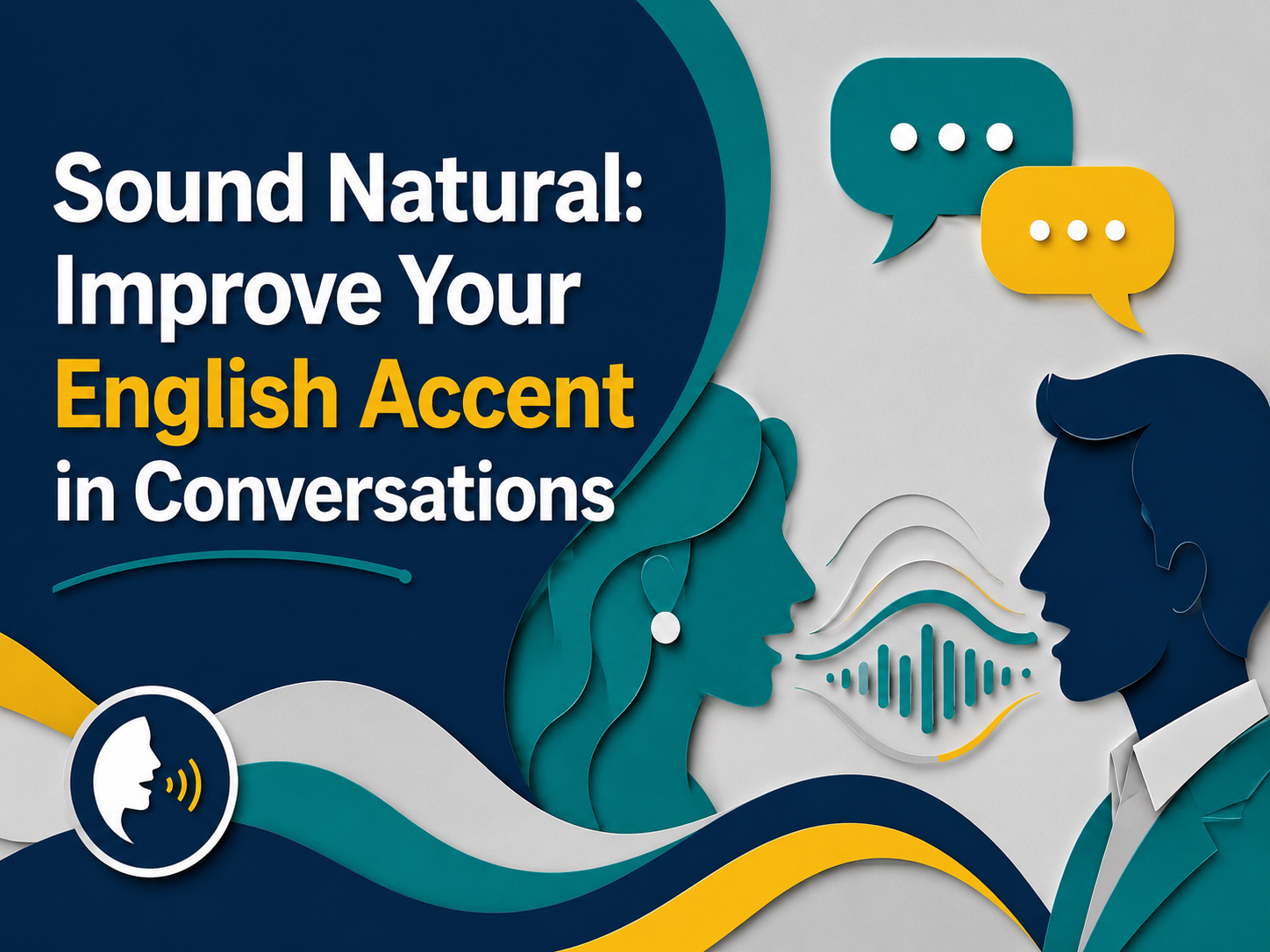 3D paper cut banner for Sound Natural: Improve Your English Accent in Conversations, showing professionals speaking with sound waves and speech bubbles to improve your English accent.
