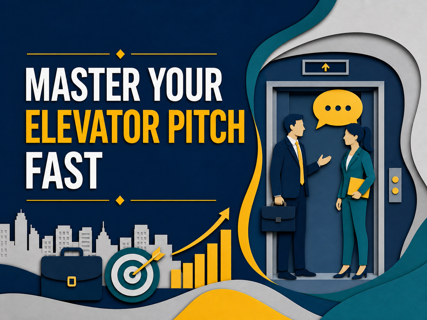 3D paper cut banner for master your elevator pitch, showing professionals speaking in an elevator with business growth icons and confidence-building visuals.