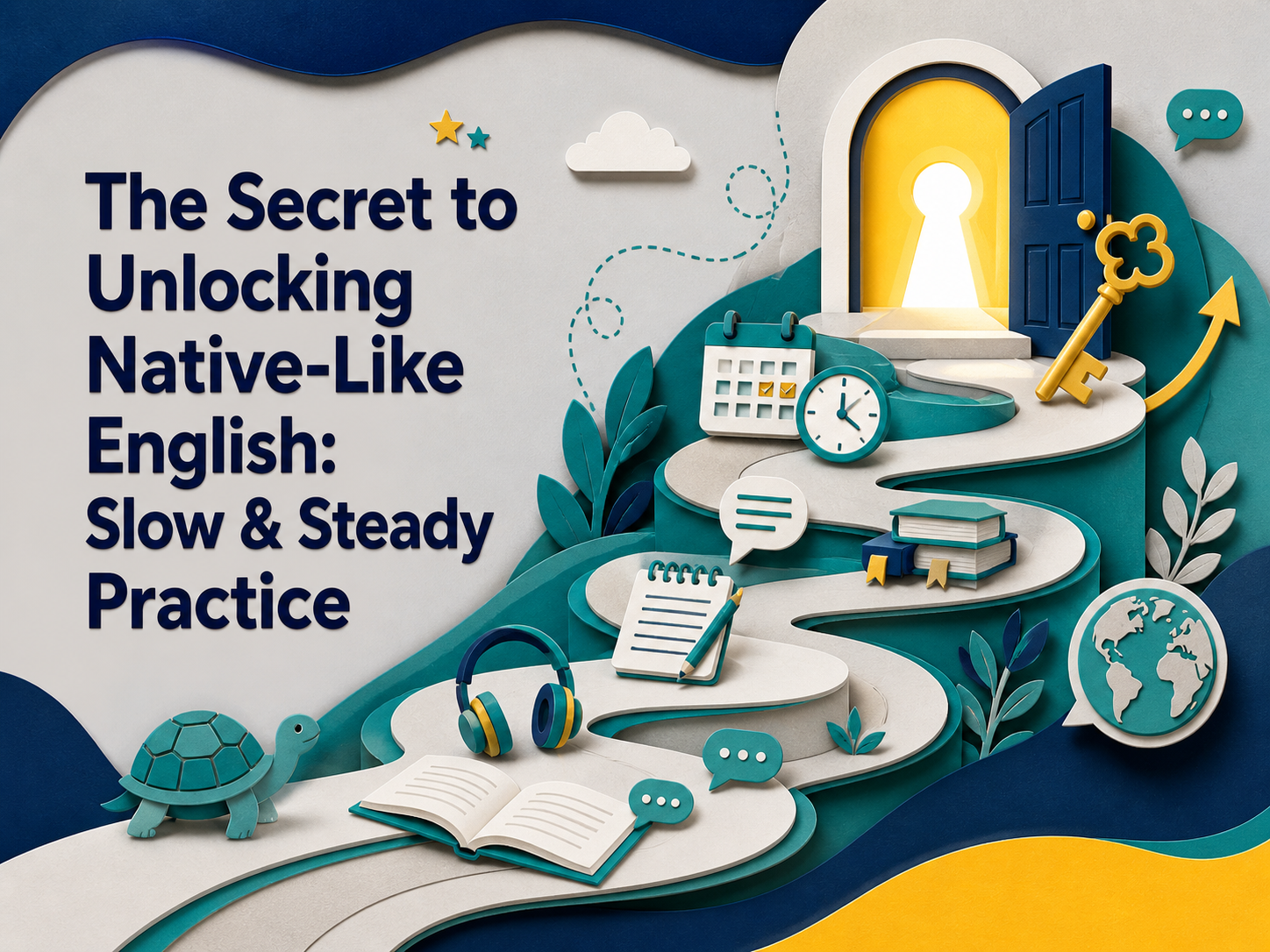 3D paper cut banner for native-like English practice showing a slow and steady learning path with books, speech bubbles, a key, and daily practice symbols.
