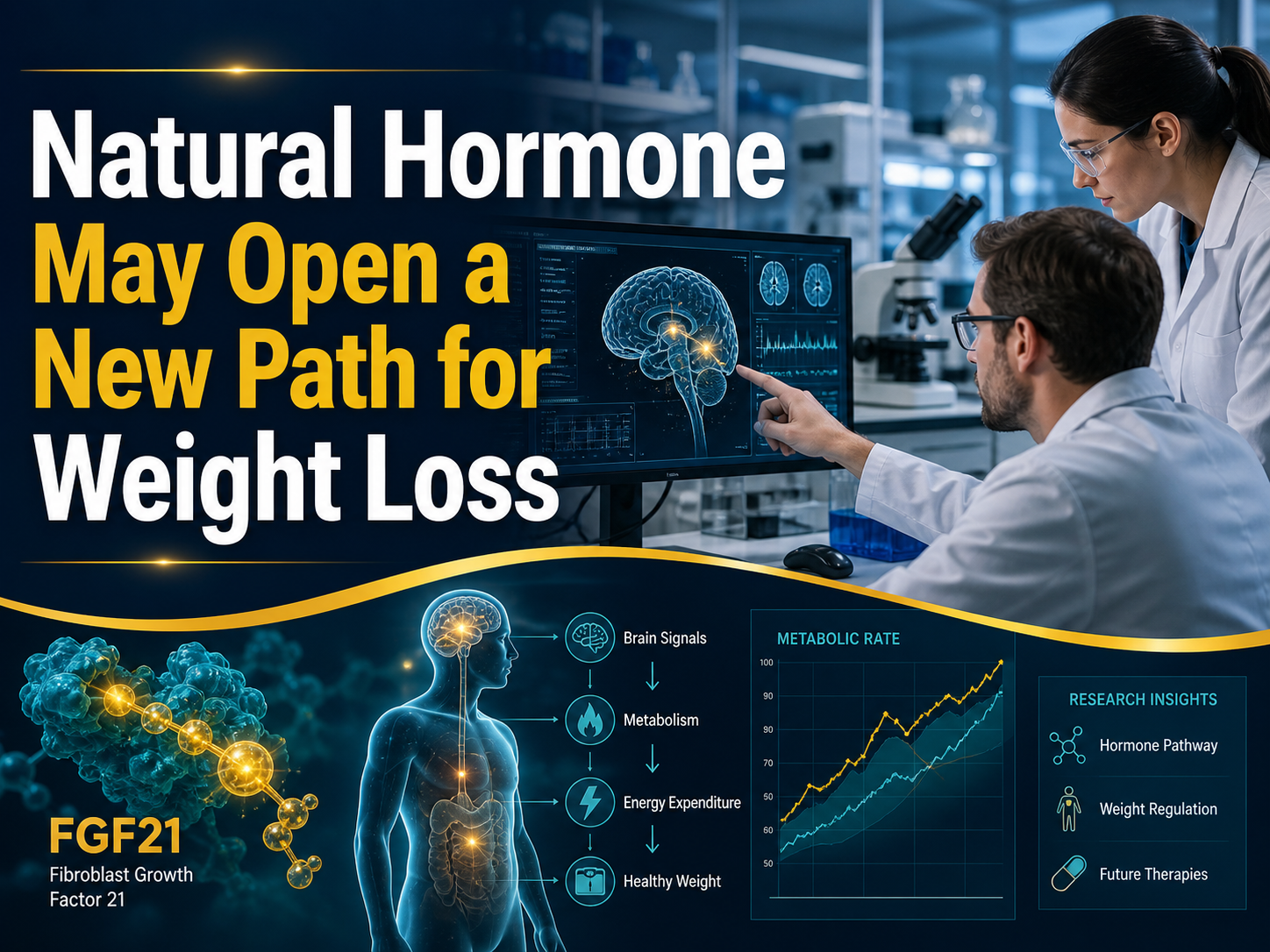 Photographic banner for a natural hormone study showing FGF21 research, brain signals, metabolism data, and weight loss science.