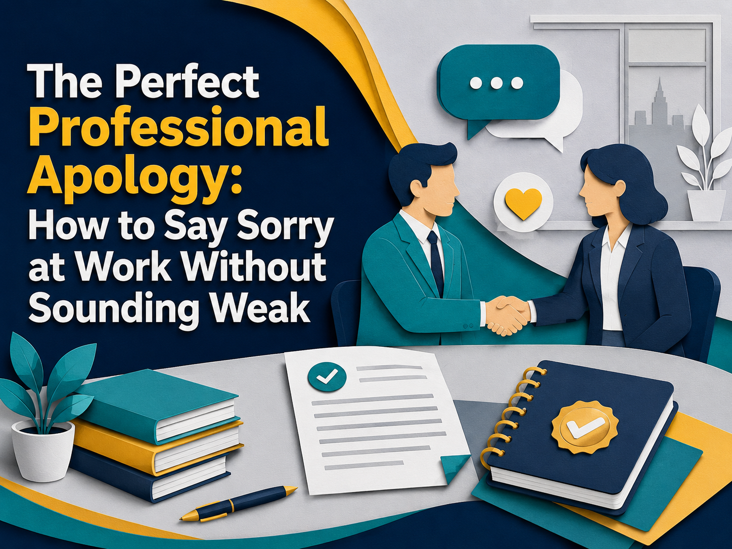 3D paper cut banner showing a perfect professional apology at work with two business professionals shaking hands, speech bubbles, and a corrected document.