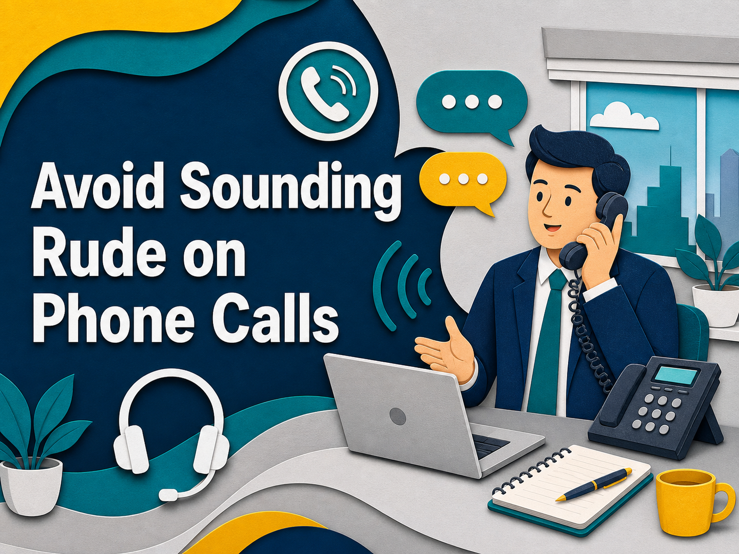 3D paper cut banner for polite phone English, showing a professional on a business phone call with speech bubbles, a headset, and office tools.