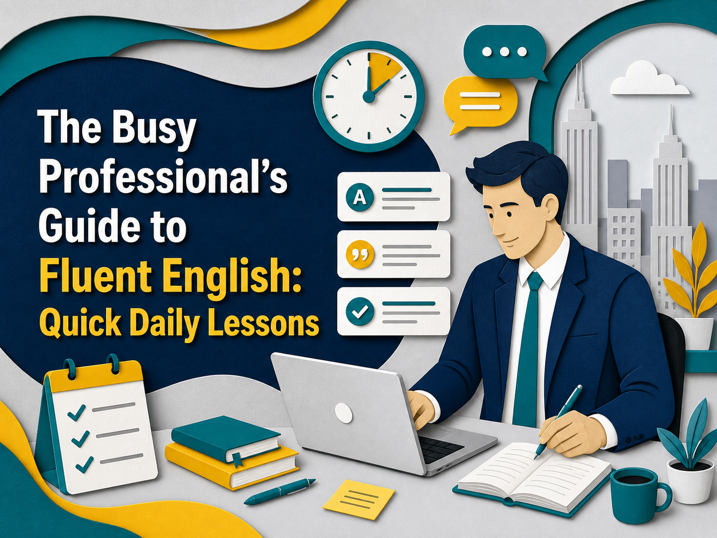 3D paper cut banner for quick daily English lessons showing a busy professional practicing fluent English with a laptop, notebook, timer, checklist, and grammar icons.