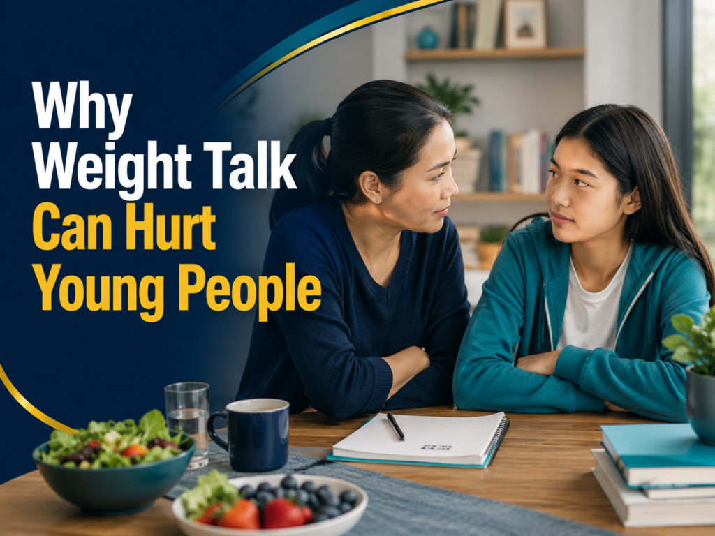 Photographic banner for weight talk body satisfaction showing a supportive family conversation about health, body image, and young people.