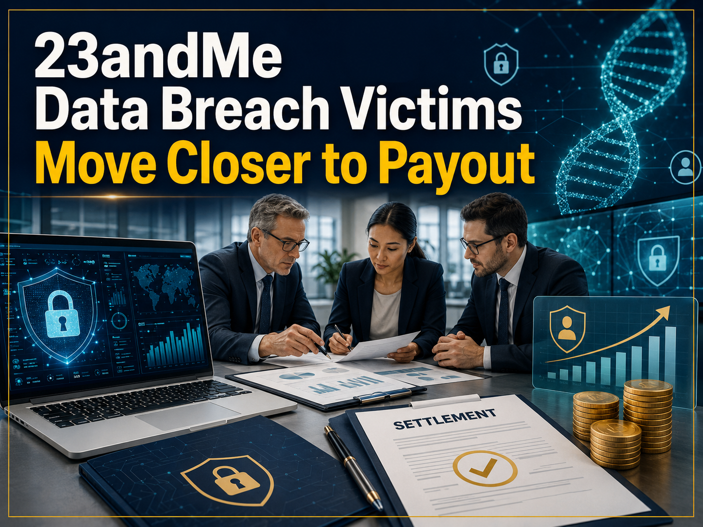23andMe data breach payout banner showing cybersecurity screens, DNA data graphics, legal settlement documents, and compensation visuals.